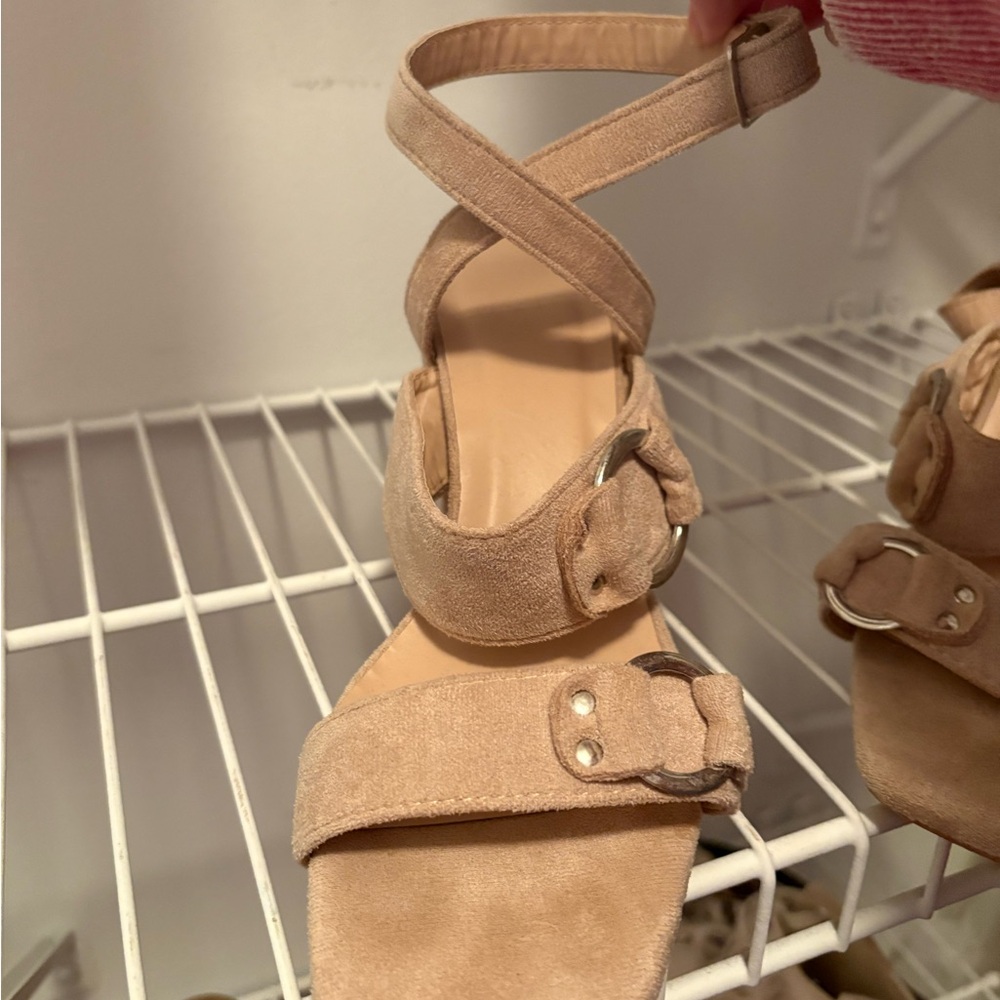 Tan Suede Ankle Strap Sandals with Flat Sole